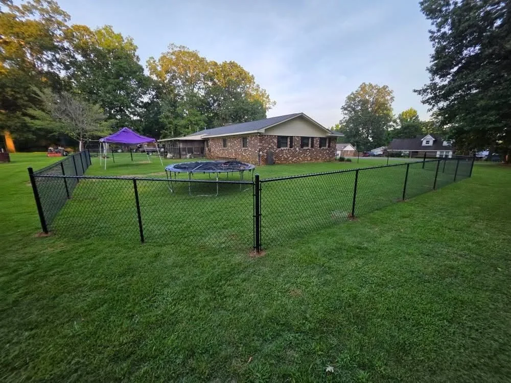 Black chain-link fence surrounding a residential yard